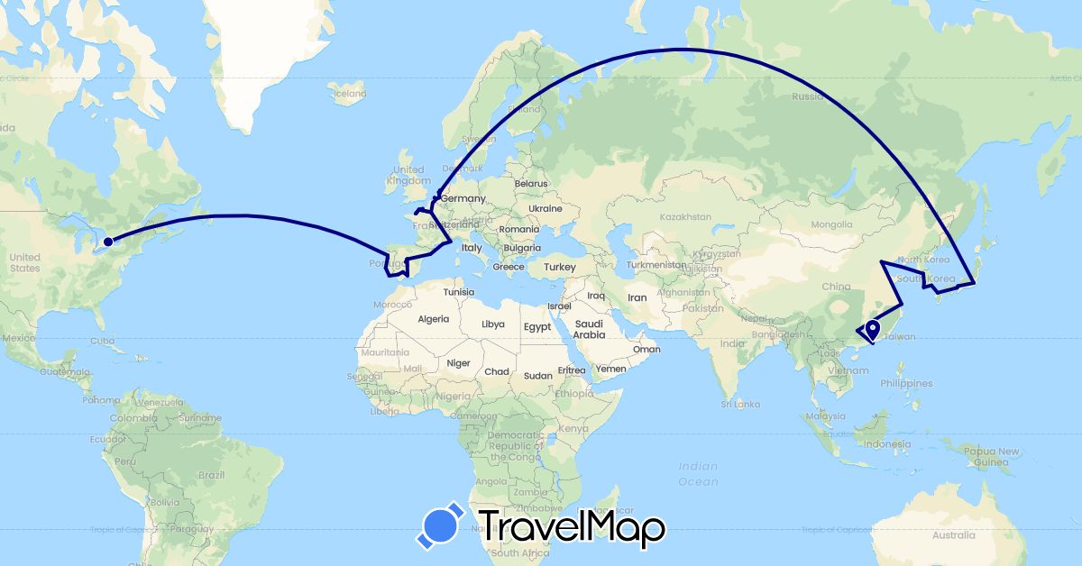 TravelMap itinerary: driving in Belgium, Canada, China, Spain, France, Japan, South Korea, Netherlands, Portugal (Asia, Europe, North America)